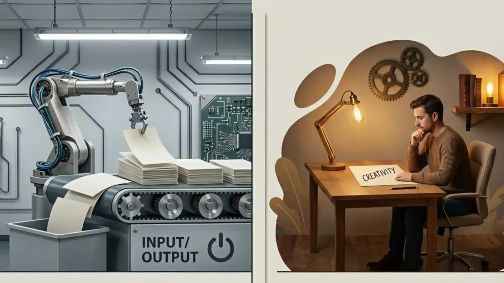 AI in marketing vs human strategy - robot producing content versus marketer making decisions