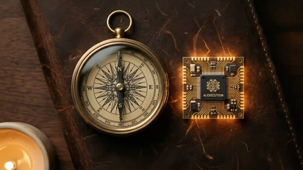 AI in marketing framework -compass and circuit chip representing strategy and AI execution