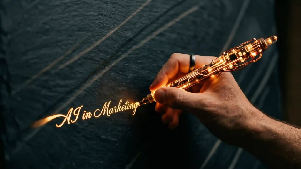 AI in marketing strategy concept for blog by the no.1 marketing expert from kerala Muhammed Ashik (human hand writing with glowing circuit pen on dark surface)